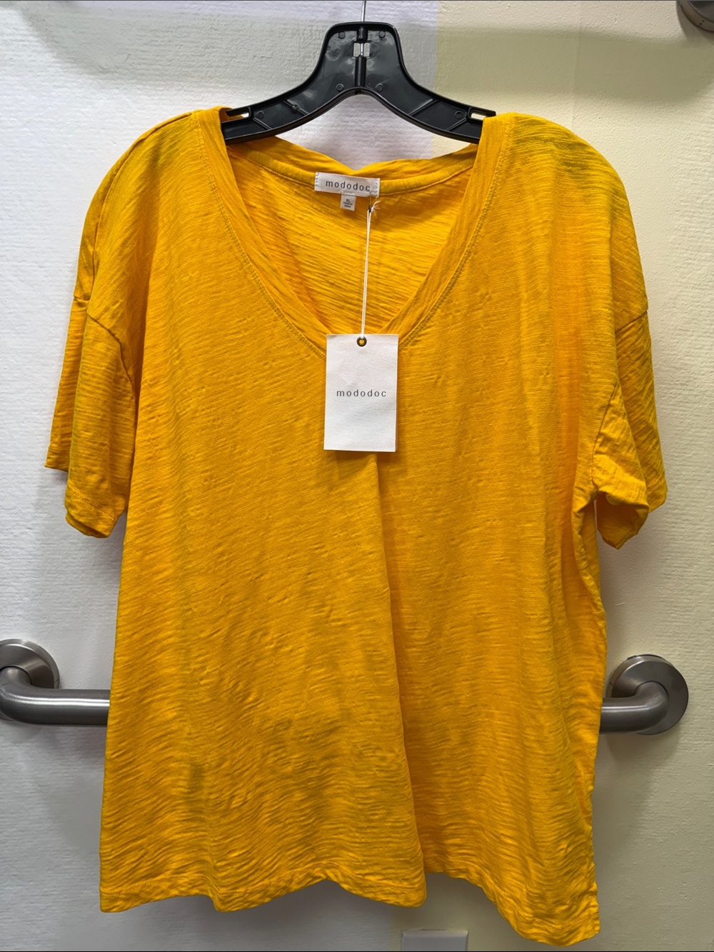mododoc Women's V-Neck Short Sleeve Tee in Mustard Yellow